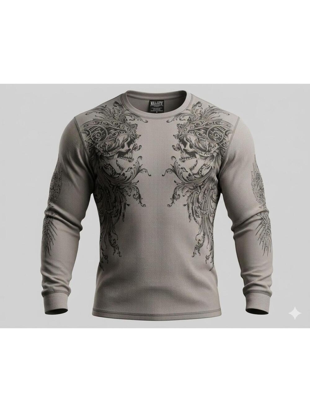 Vintage MMA Elite Thermal Shirt 2XL Y2K Goth Grunge Cyber Skull Allover Print